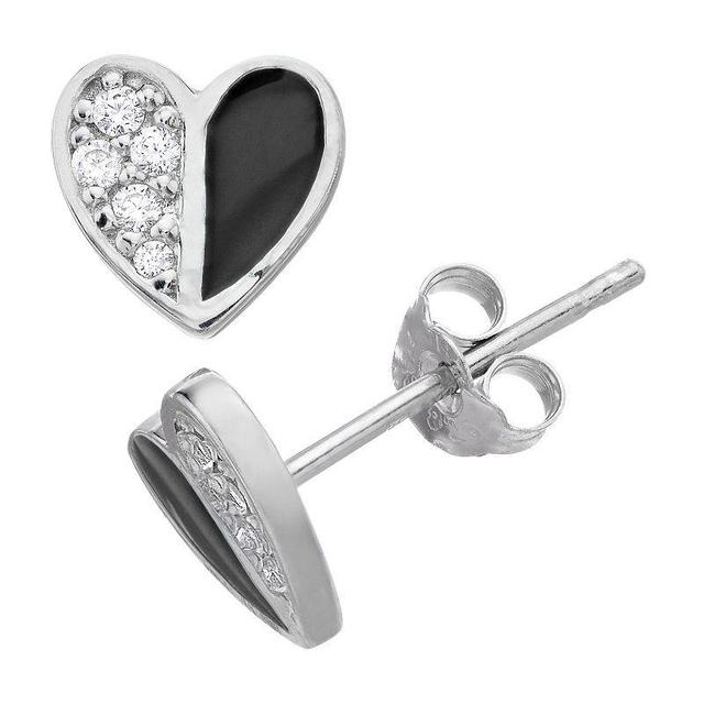 Aleure Precioso Sterling Silver Cubic Zirconia & Enamel Heart Stud Earrings, Womens, Black Product Image