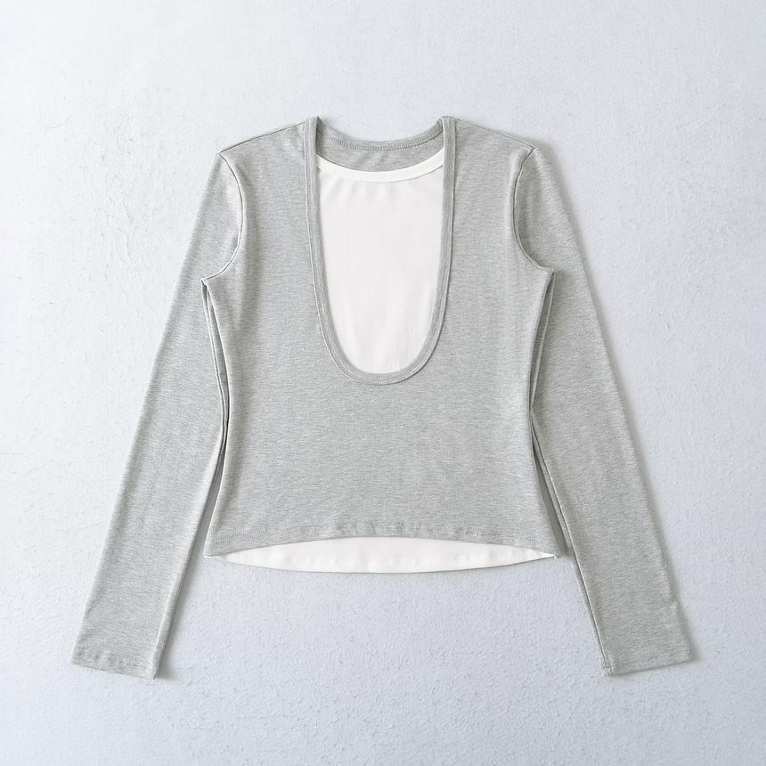 Long Sleeve Round Neck Two Tone Crop Tee Product Image