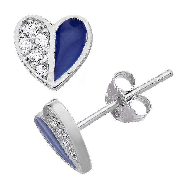 Aleure Precioso Sterling Silver Cubic Zirconia & Enamel Heart Stud Earrings, Womens, Sterling Blue Product Image