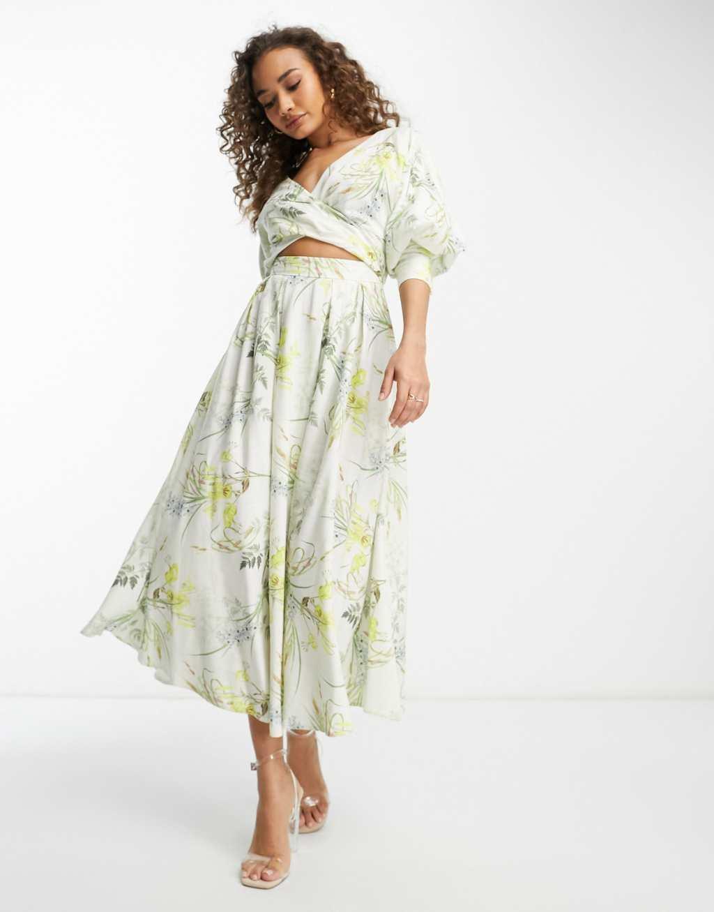 ASOS EDITION wrap front linen midi dress in botanical floral print Product Image