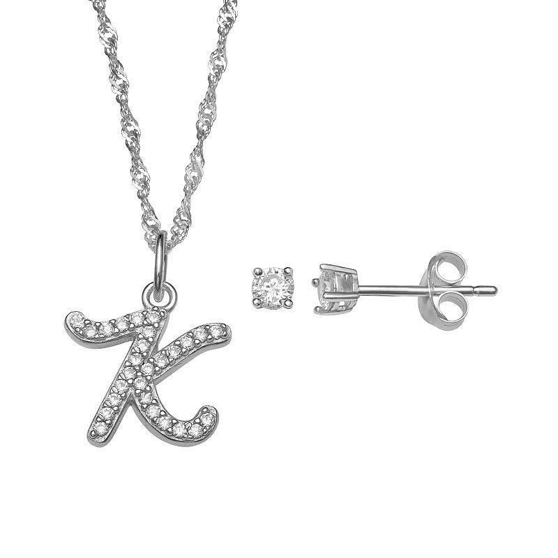 LC Lauren Conrad Sterling Silver Cubic Zirconia Stud Earrings & Initial Pendant Necklace Set, Womens Sterling Silver P Product Image