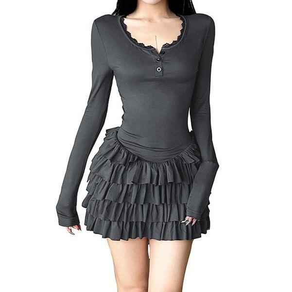 Long-Sleeve V-Neck Plain Mini Tiered Dress Product Image