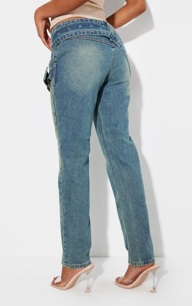 Green Tint Vintage Wash Cross Over Belt Detail Straight Leg Jeans Product Image