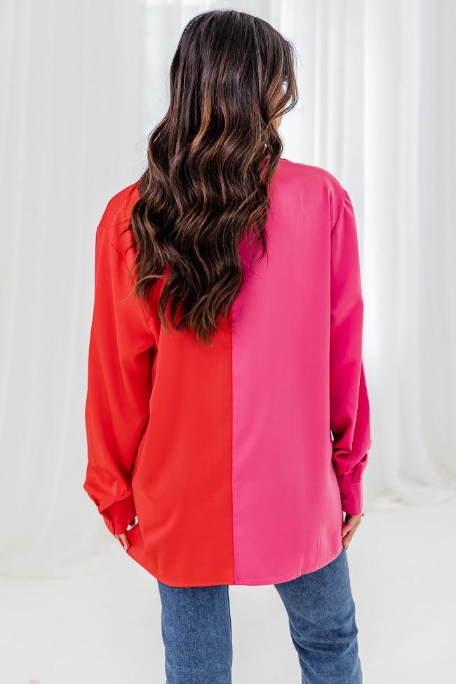 Eclipse Of The Heart Pink And Red Splice Satin Button Up Shirt FINAL SALE Product Image