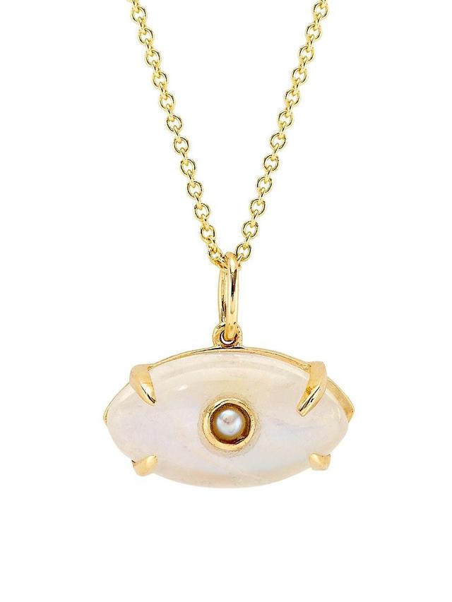 Womens 14K Yellow Gold, Rainbow Moonstone & Freshwater Pearl Evil Eye Pendant Necklace - White Pearl Center Product Image