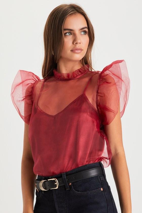 Sheer Adoration Wine Red Sheer Organza Ruffled Short Sleeve Top Product Image