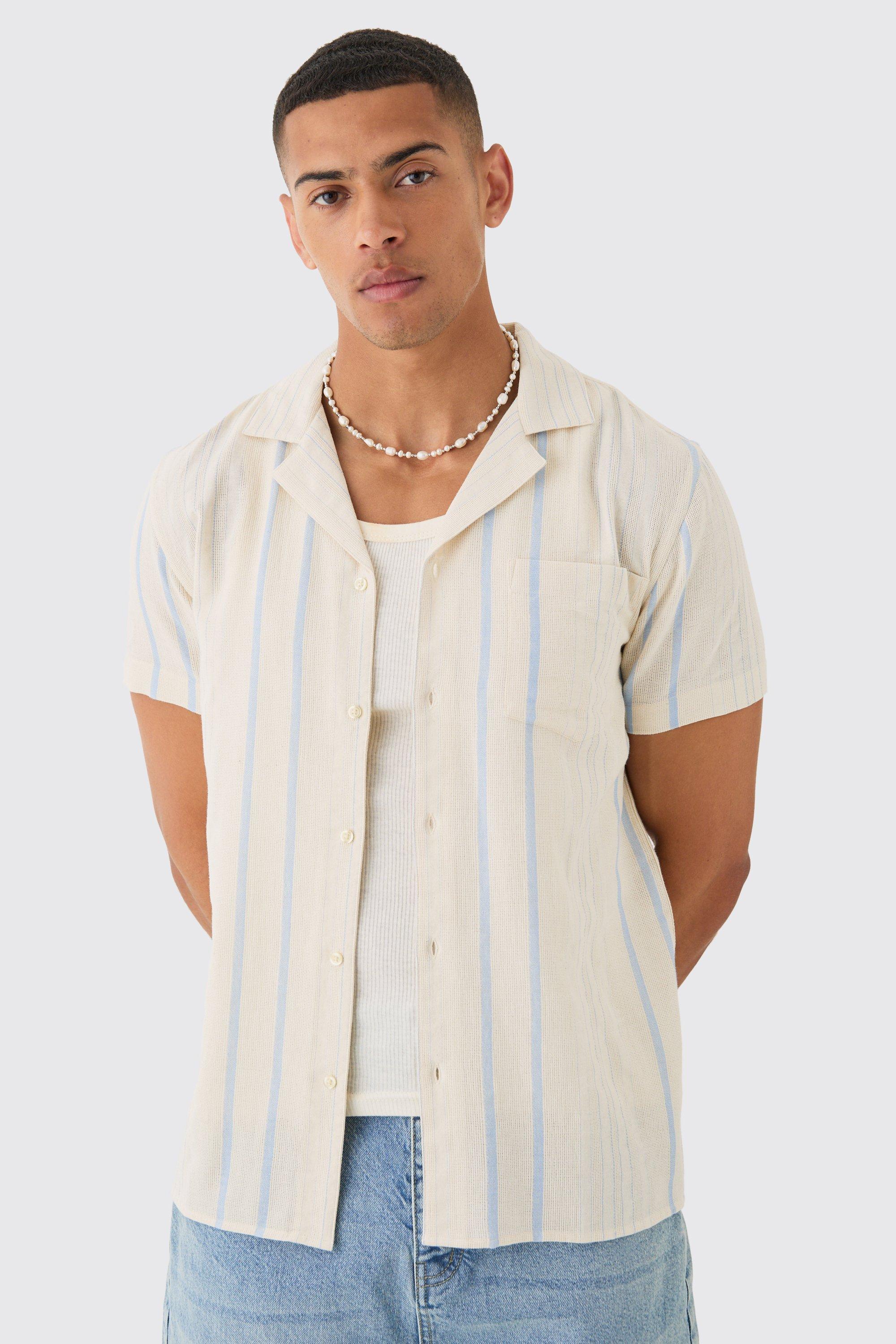 Short Sleeve Textured Multi Stripe Pocket Shirt | boohooMAN USA Product Image