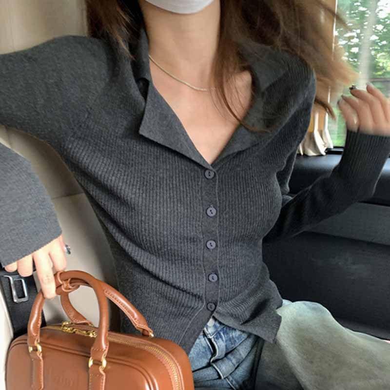 Lapel Collar Plain Button-Up Crop Cardigan Product Image