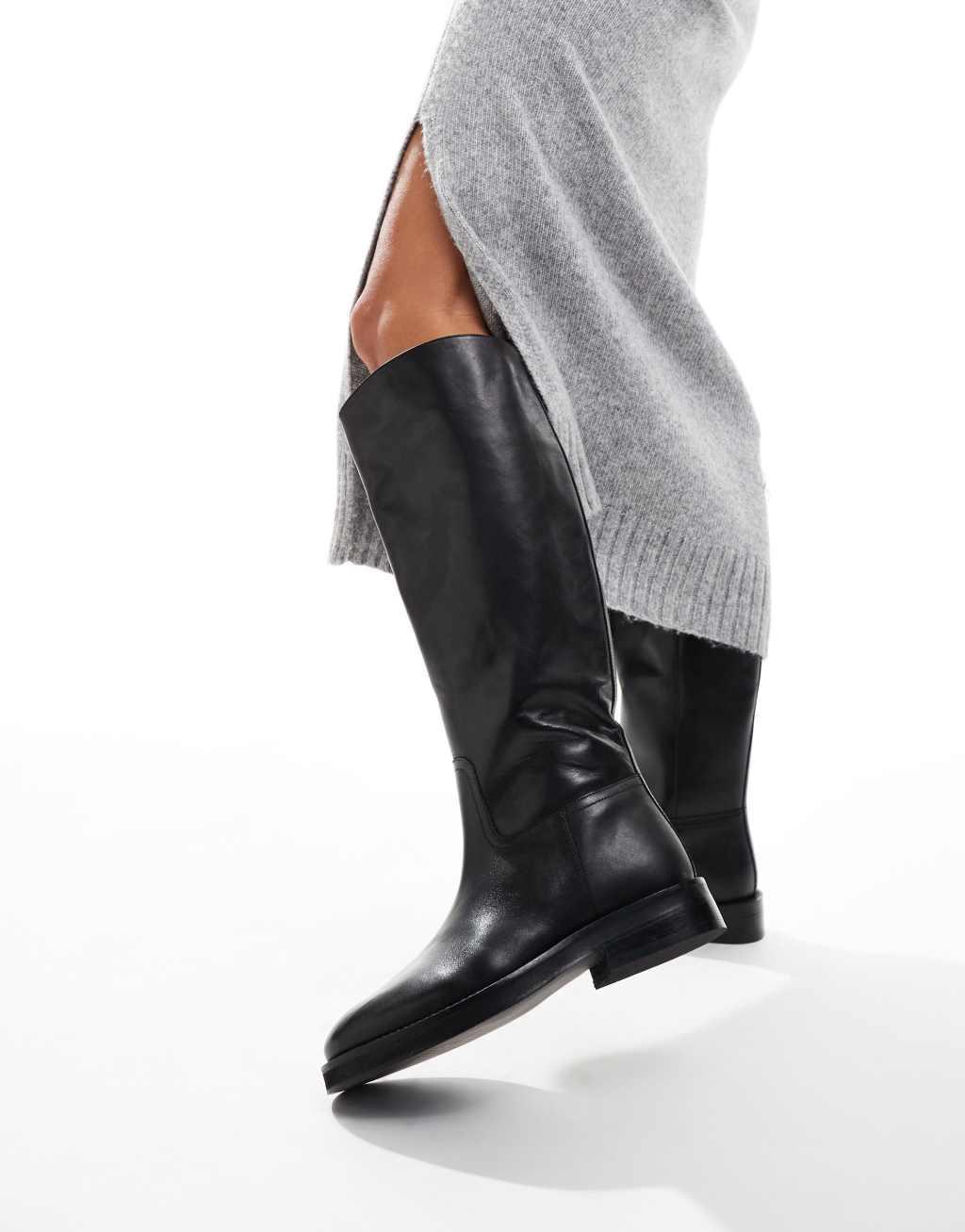 ASOS DESIGN Cheltenham dressy leather knee boots in black Product Image