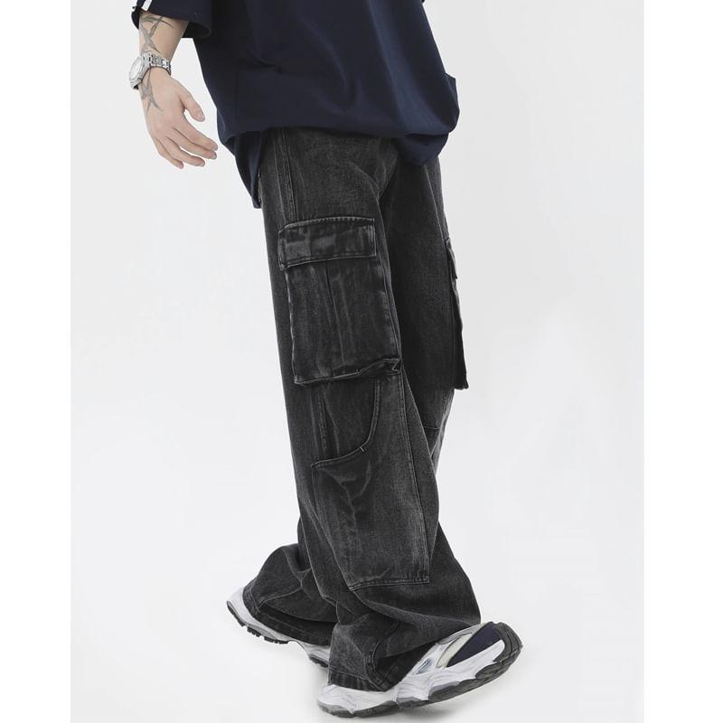 Mid Waist Washed Wide Leg Cargo Jeans Product Image