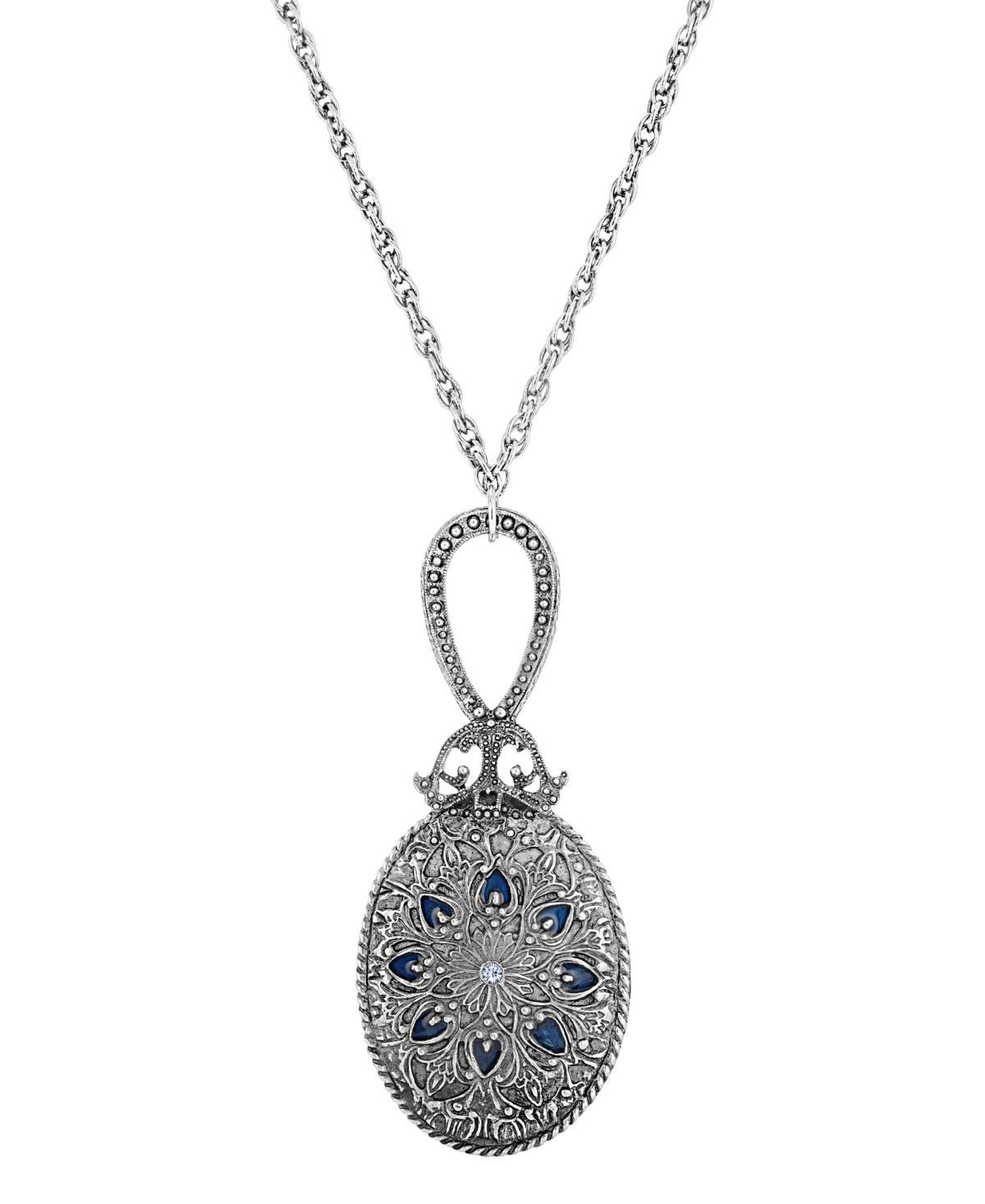 1928 Silver Tone Oval Mirror With Blue Enamel and Simulated Crystal Necklace, Womens Product Image