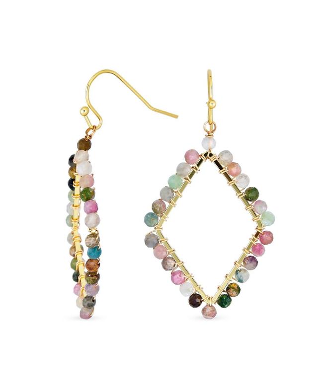 Boho Geometric Wire Wrap Cluster Bead Accent Linear Elongated Fish Hook Multi Color Fluorite Gemstone Long Lightweight Rhombus Shape Gemstone Dangle Earrings For Women Teens 18K Yellow Gold Plated Product Image