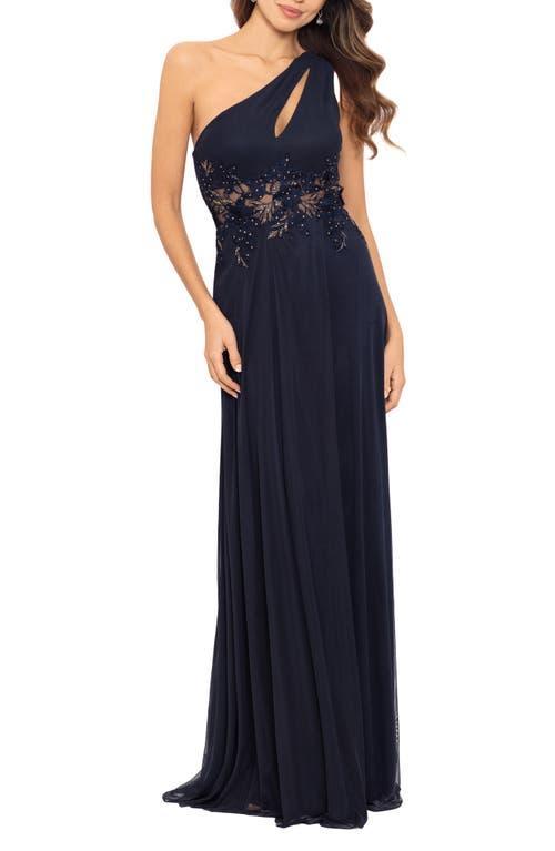 Betsy & Adam Bead Appliqu One-Shoulder Mesh Gown Product Image