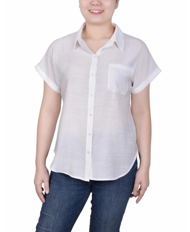 Ny Collection Petite Woven Front, Jersey Back Short Sleeve Top Product Image