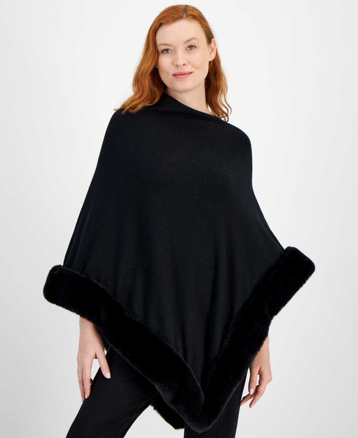 Anne Klein Womens Faux Fur Trim Poncho Cape Product Image