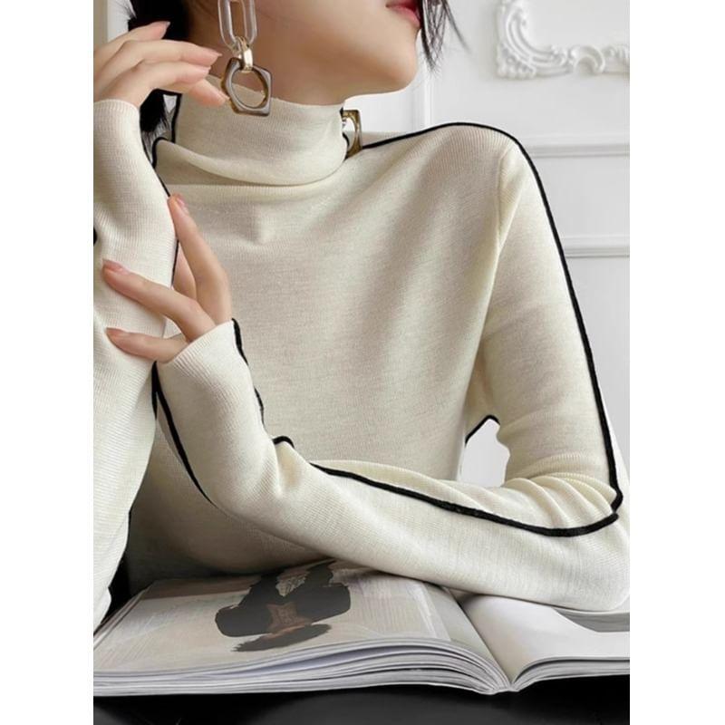 Long-Sleeve Turtleneck Striped Knit Top Product Image