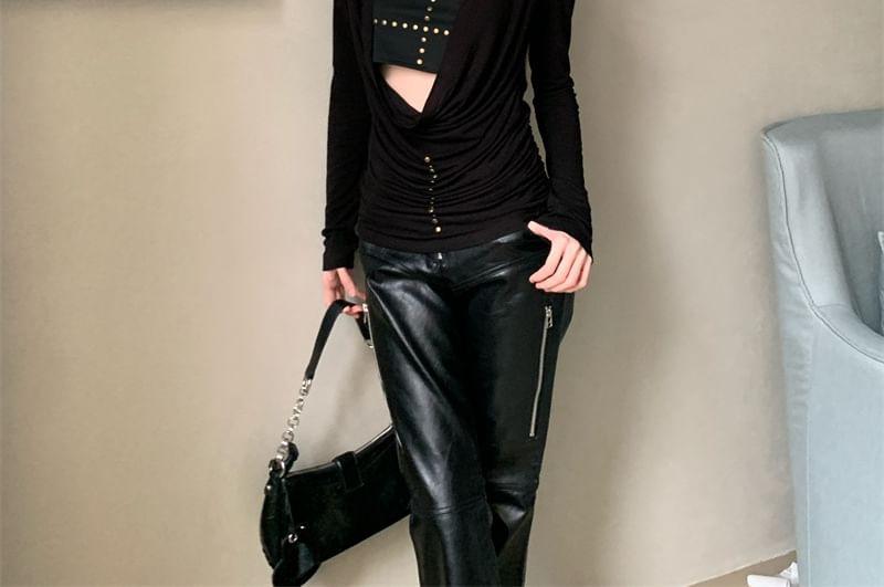 Set: Plain Studded Crop Tube Top + Long-Sleeve Cowl Neck Knit Top Product Image