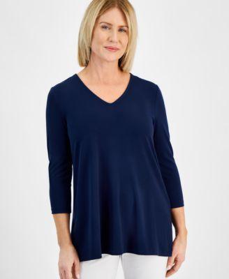 Petite V-Neck 3/4-Sleeve Swing Top, Created for Macy's Product Image