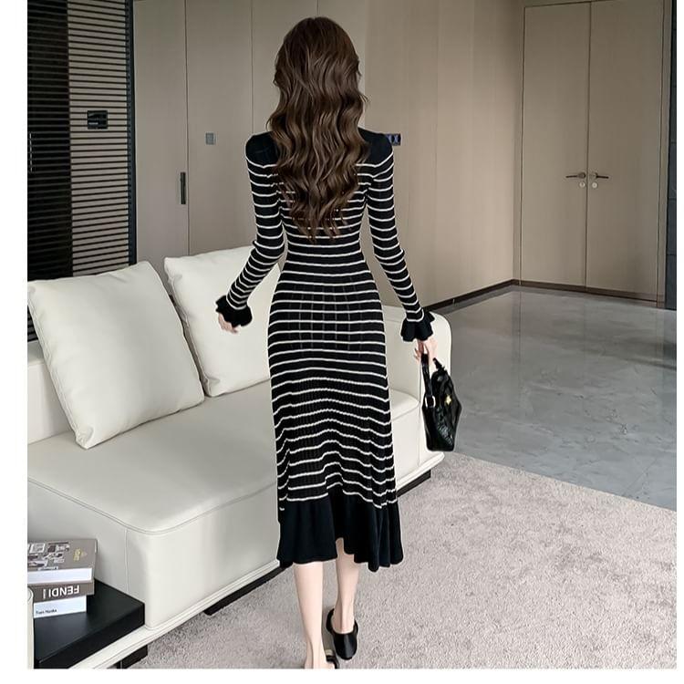 Long-Sleeve V-Neck Striped Button Midi A-Line Knit Dress Product Image