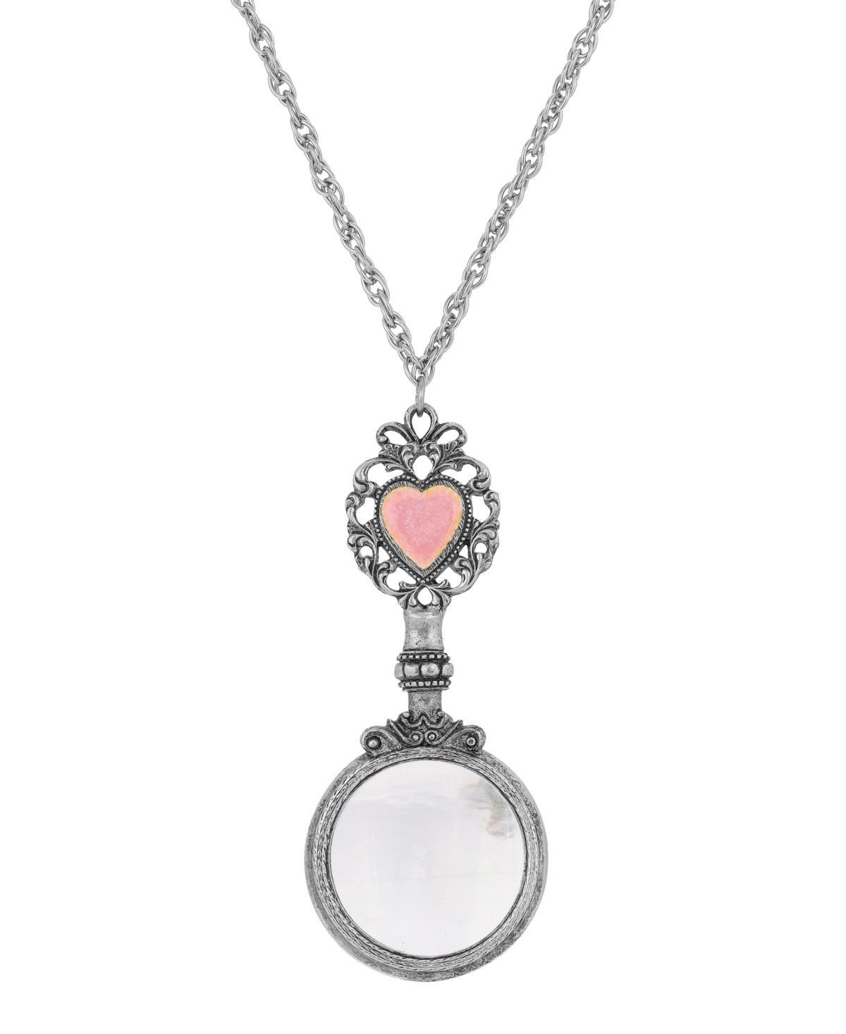 1928 Silver Tone Pink Crystal Heart Magnifying Glass Necklace, Womens Product Image