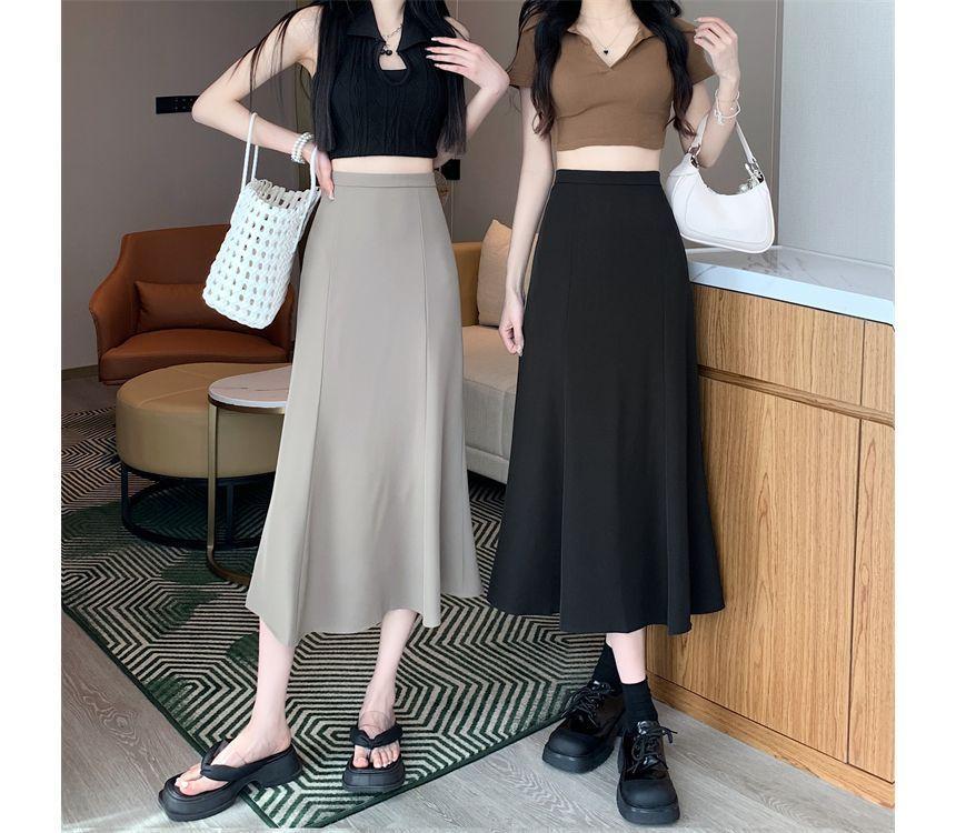 High Rise Plain Midi A-Line Skirt Product Image