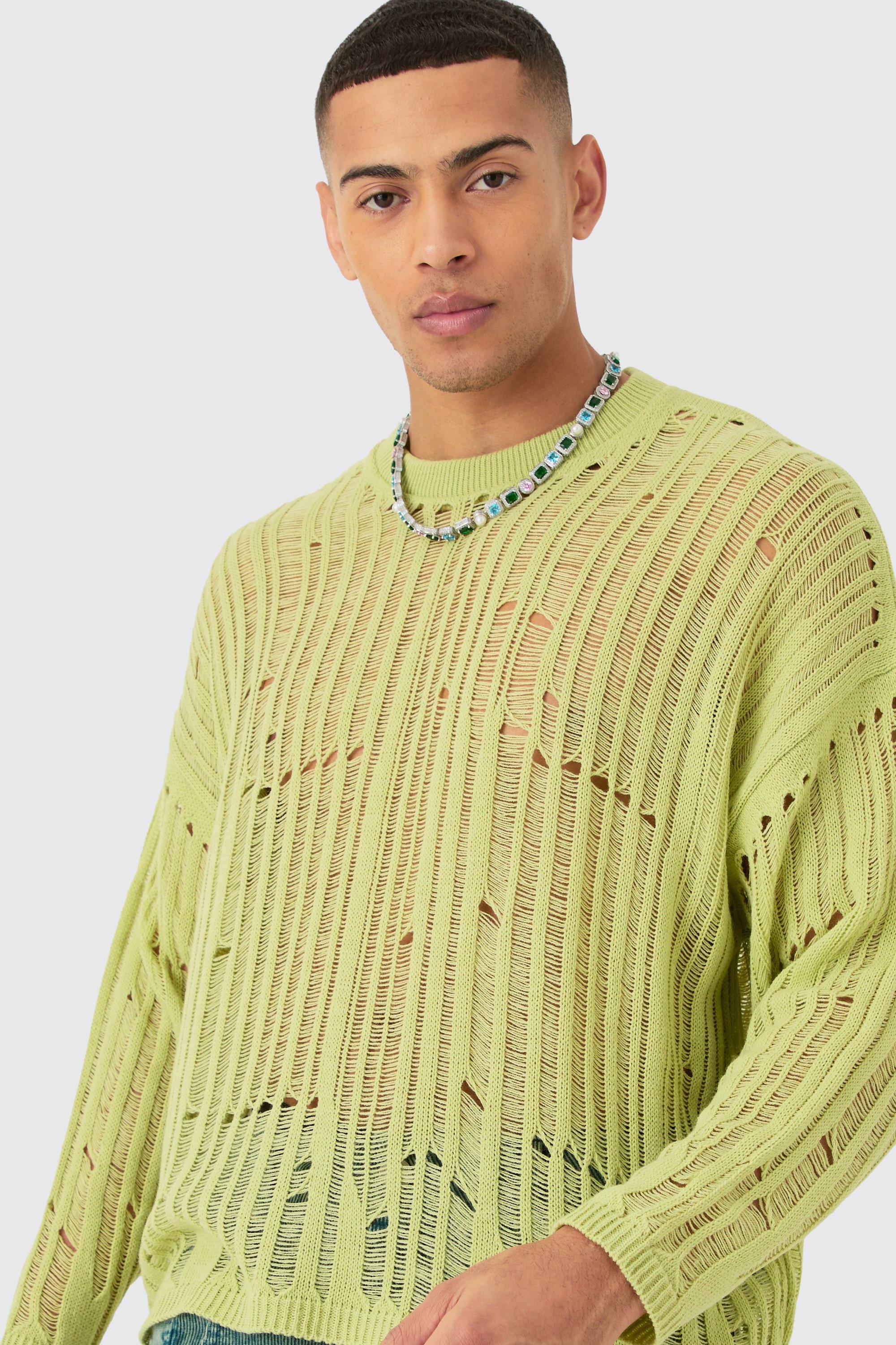 Oversized Ladder Detail Open Knit Sweater In Sage | boohooMAN USA Product Image