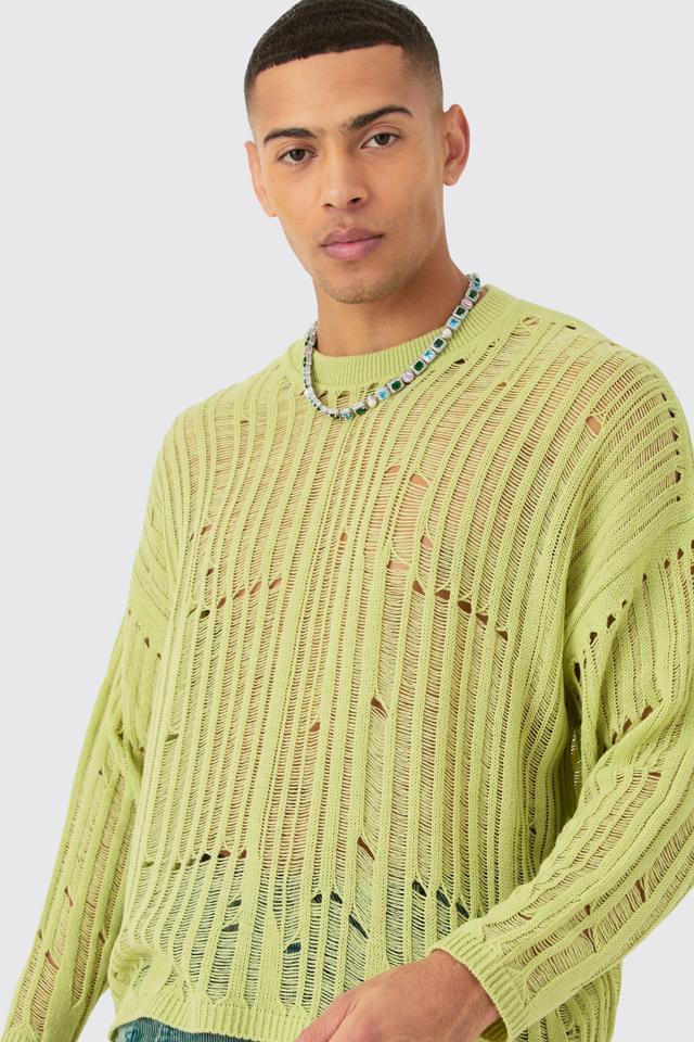 Mens Green Oversized Ladder Detail Open Knit Jumper In Sage, Green Product Image