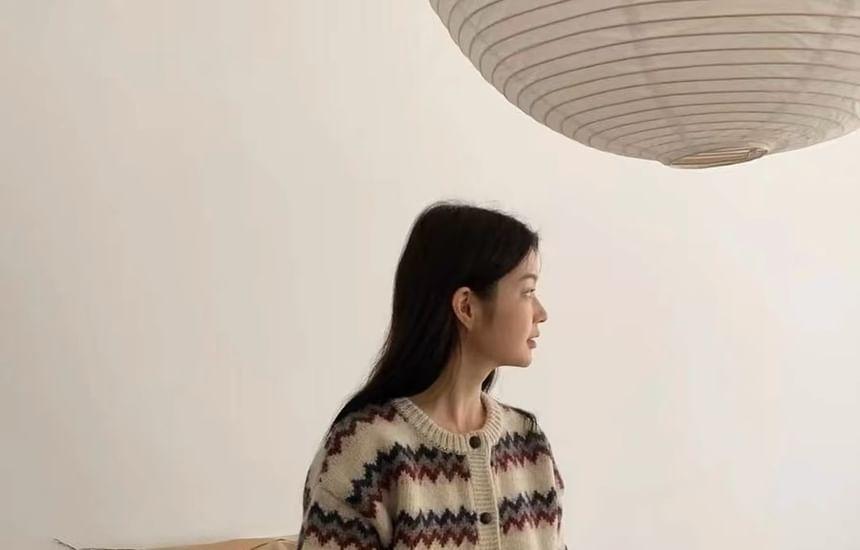 Round Neck Patterned Button Cardigan Product Image