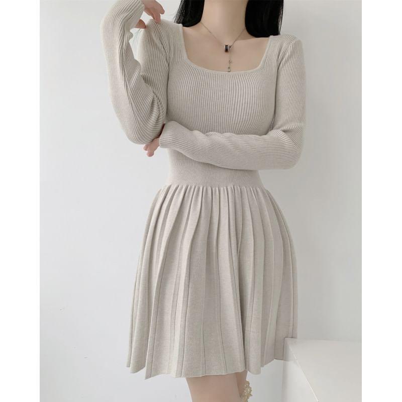 Long-Sleeve Square Neck Accordion Pleated Mini A-Line Knit Dress Product Image