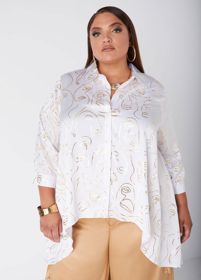 Plus Size Face Print Satin Hi Low Shirt Ashley Stewart Product Image