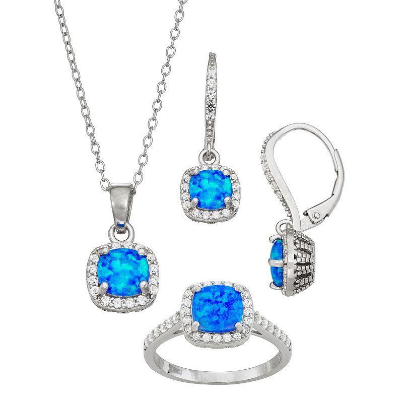 Sterling Silver Lab-Created Blue Opal & Lab-Created White Sapphire Pendant, Ring & Earring Set, Womens Brt Blue Product Image