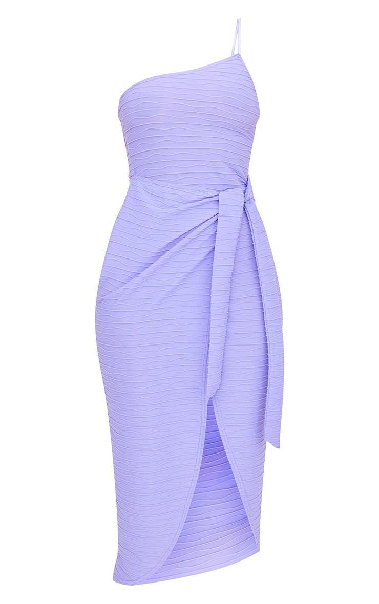 Purple Textured Strappy One Shoulder Wrap Midi Dress Product Image