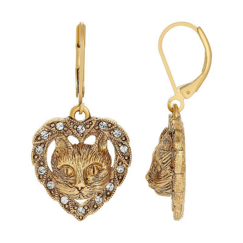 1928 Gold Tone Heart Shaped Cat Crystal Earrings, Womens, Yellow Product Image