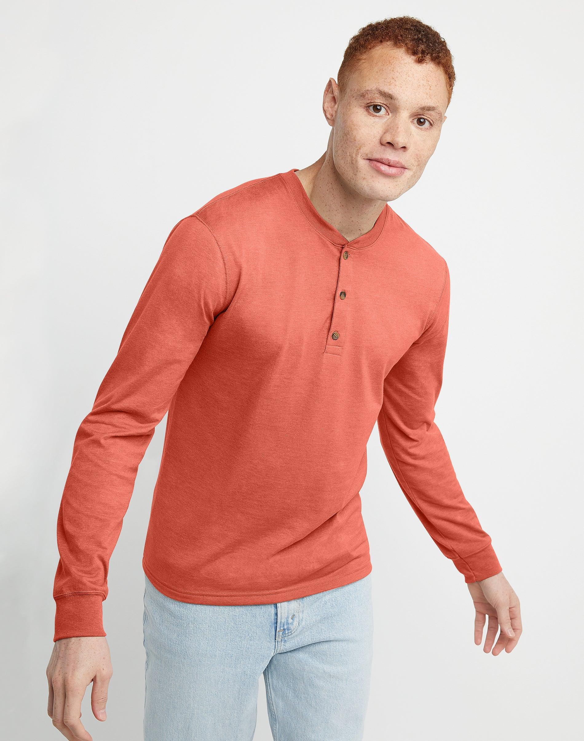 Hanes Originals Mens Cotton Long Sleeve Henley T-Shirt Red River Clay 3XL Product Image