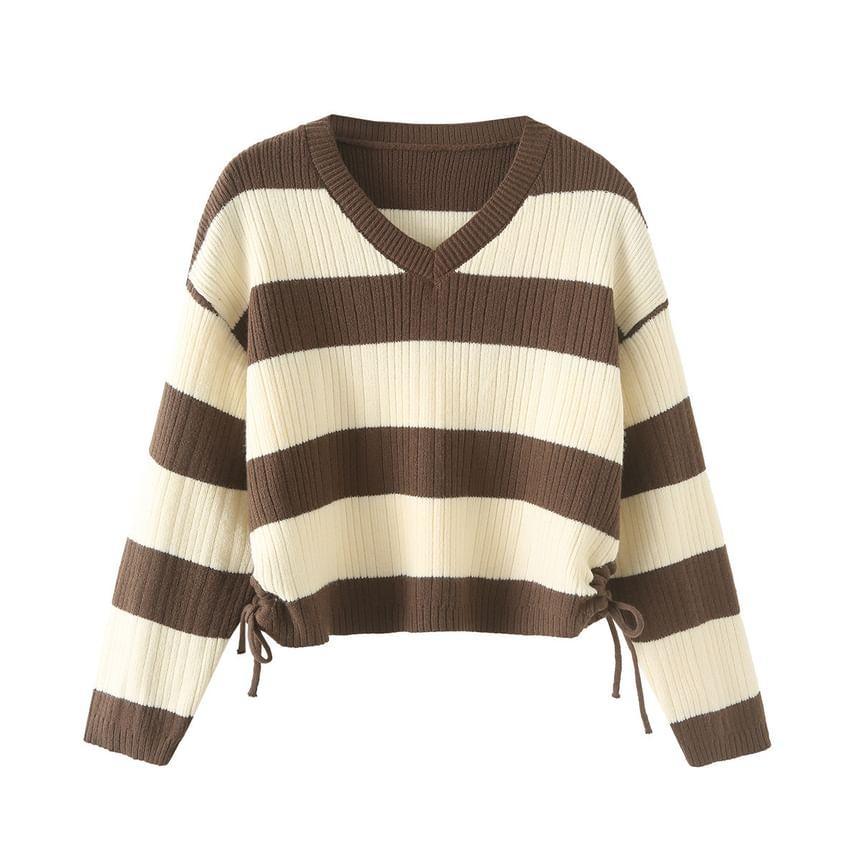 V-Neck Striped Drawstring Ribbed Sweater Product Image