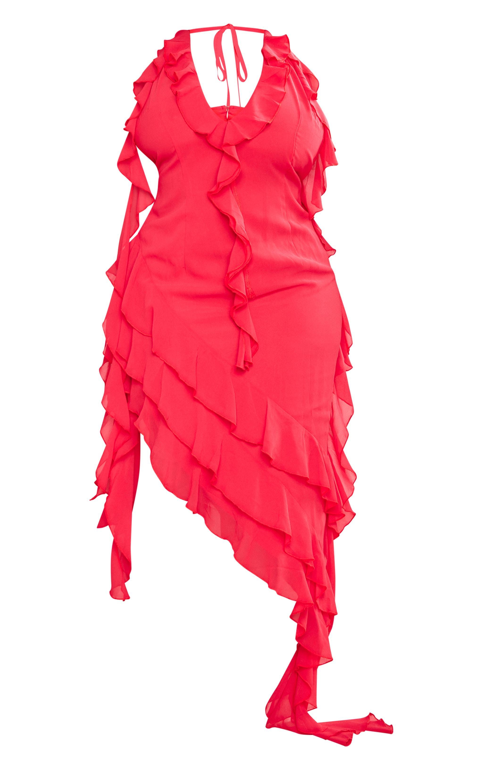 Plus Red Chiffon Frill Detail Plunge Midaxi Dress Product Image