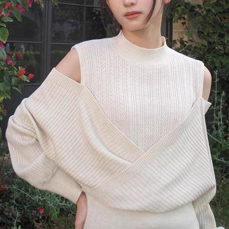 Cold-Shoulder Plain Mock Two-Piece Sweater Product Image