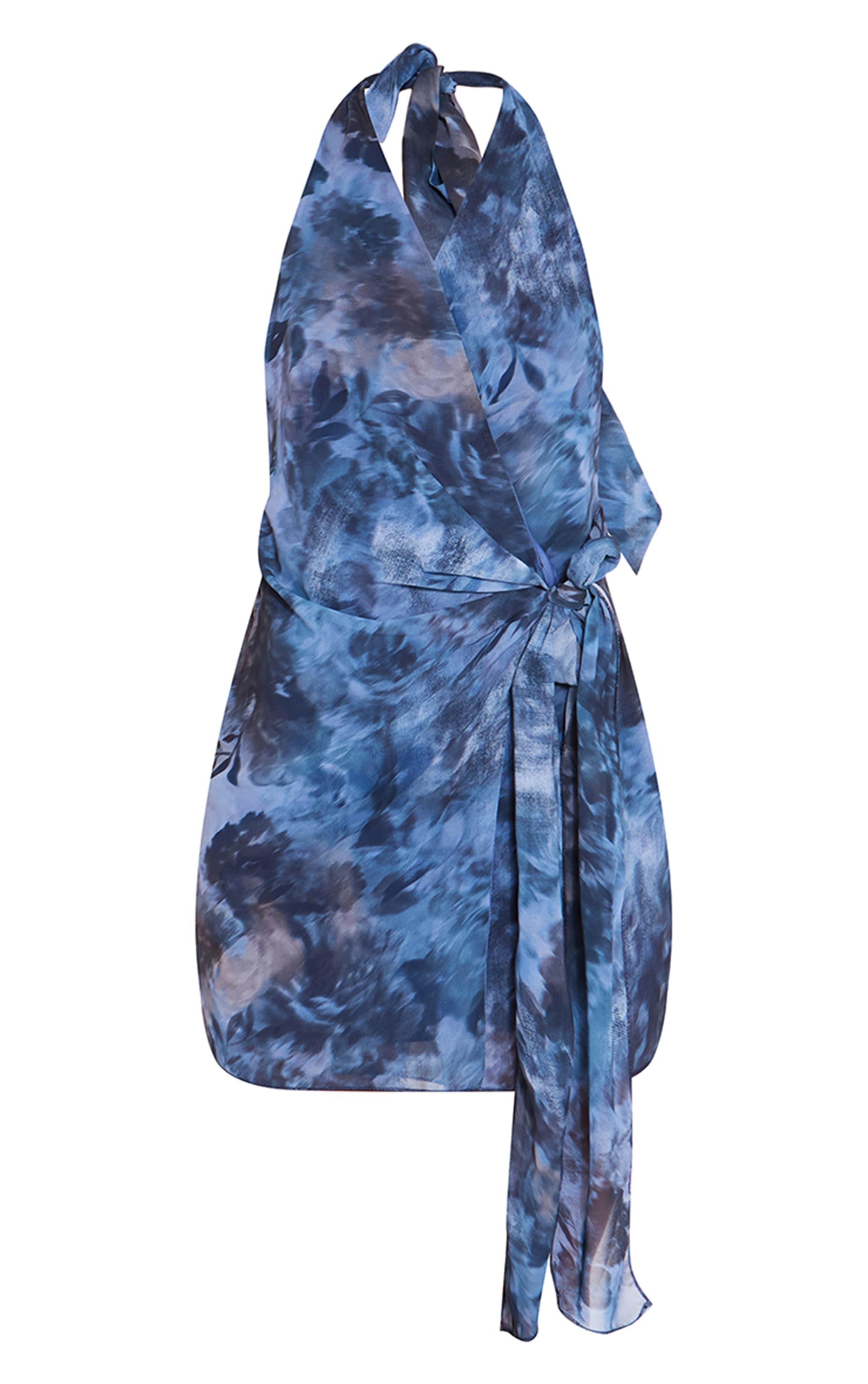 Blue Abstract Print Mesh Wrap Halterneck Mini Dress Product Image