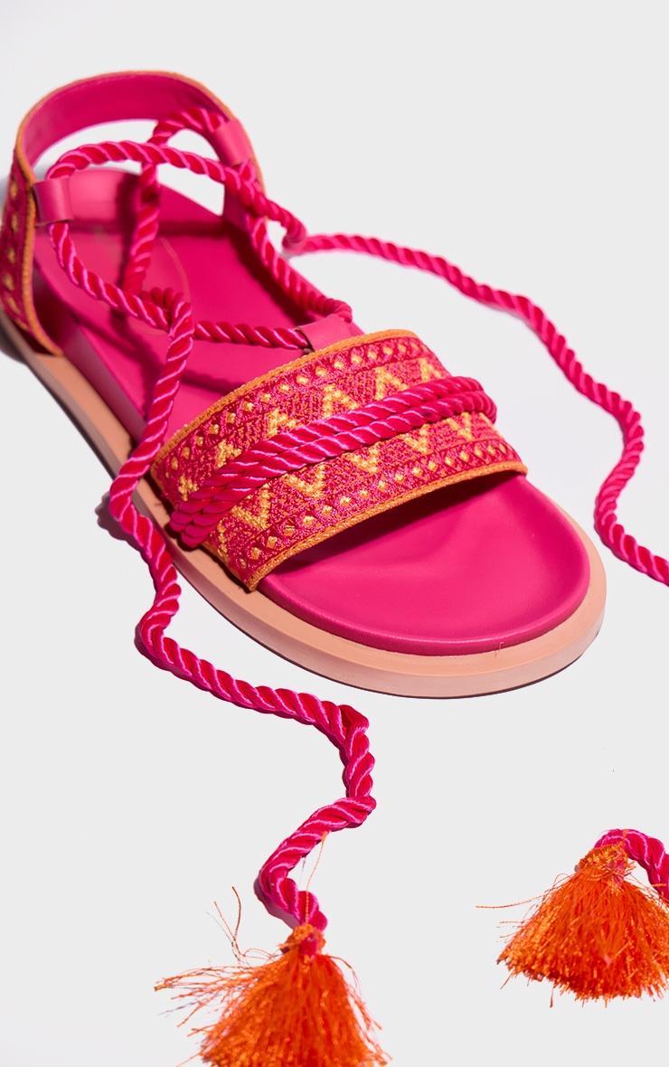 Pink and Orange Pu Round Toe Embroidery Strap Lace Up Sandals Product Image