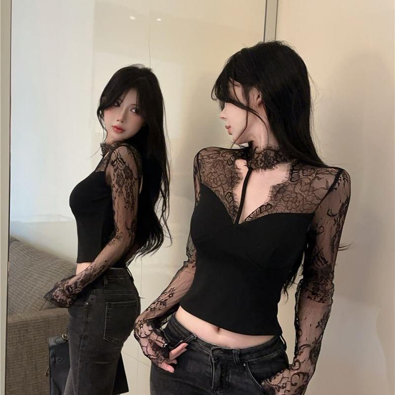 Long-Sleeve V-Neck Lace Crop Top Product Image