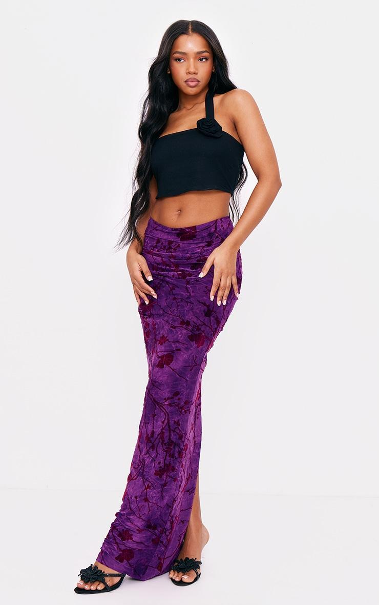 Purple Printed Soft Touch Devore Ruched Side Maxi Skirt Product Image