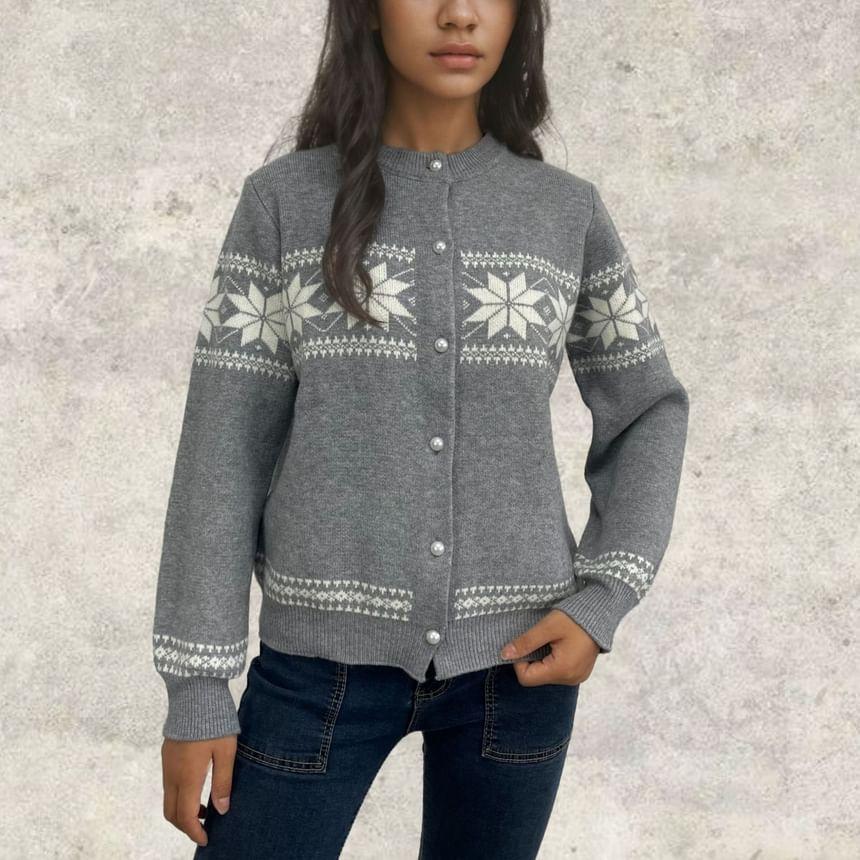 Crew Neck Snowflake Patterned Cardigan Product Image