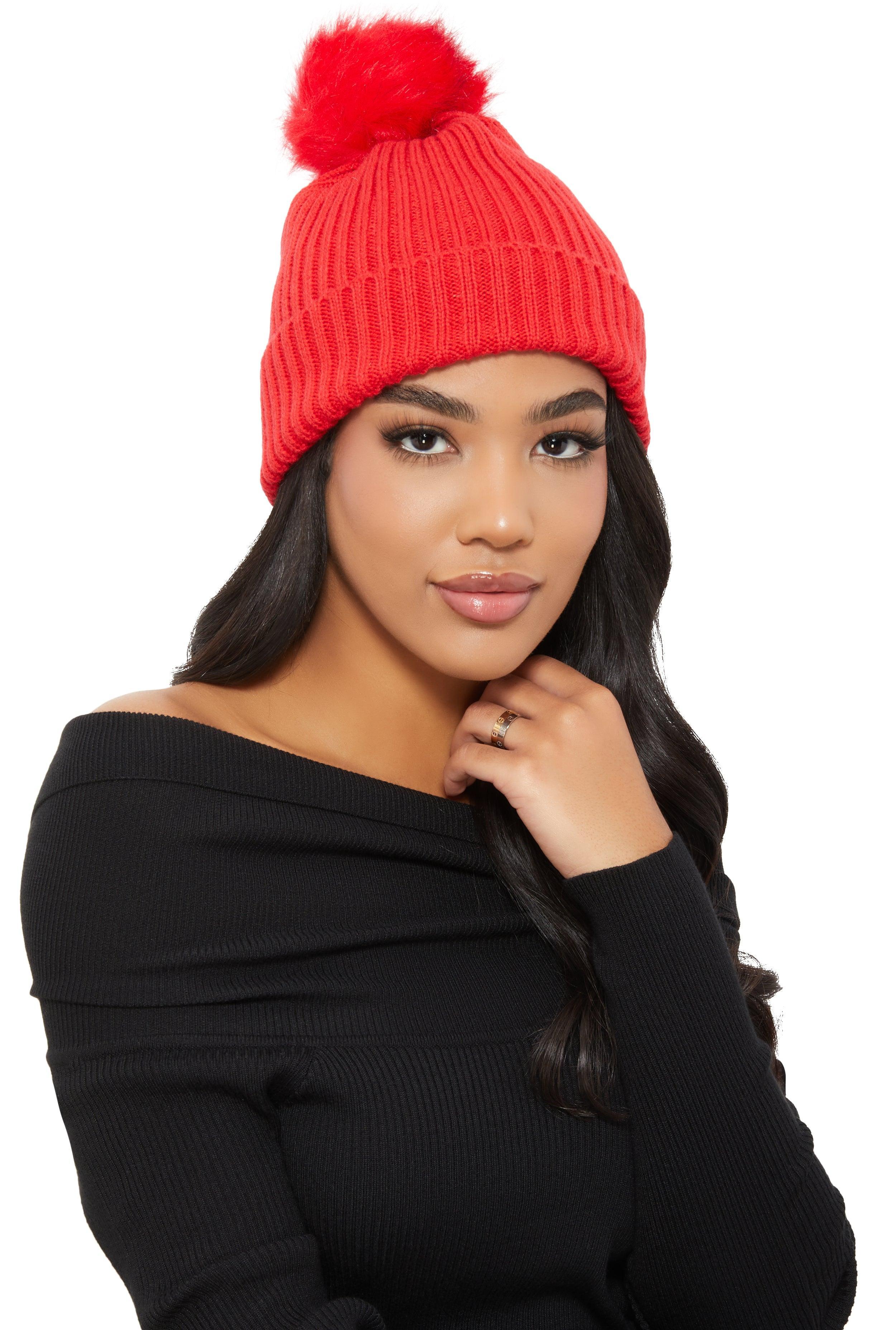 Ribbed Knit Faux Fur Pom Pom Beanie Female Product Image