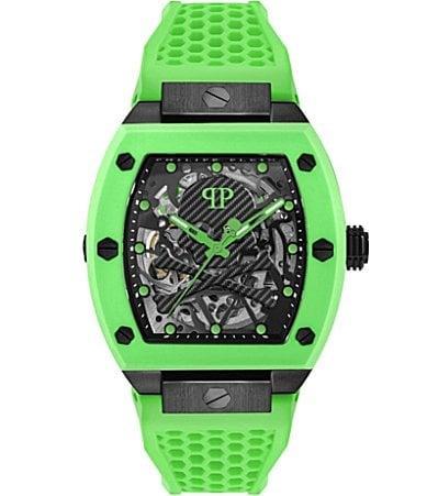 Philipp Plein Mens The Skeleton Automatic Green Silicone Strap Watch Product Image