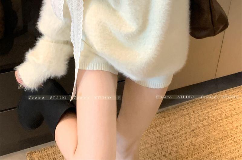 Asymmetrical Neck Cold-Shoulder Bow Fluffy Sweater Product Image