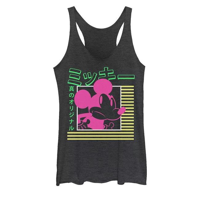 Disneys Mickey Mouse Vintage Kanji Neon Portrait Juniors Racerback Graphic Tank Top, Girls Black Grey Product Image