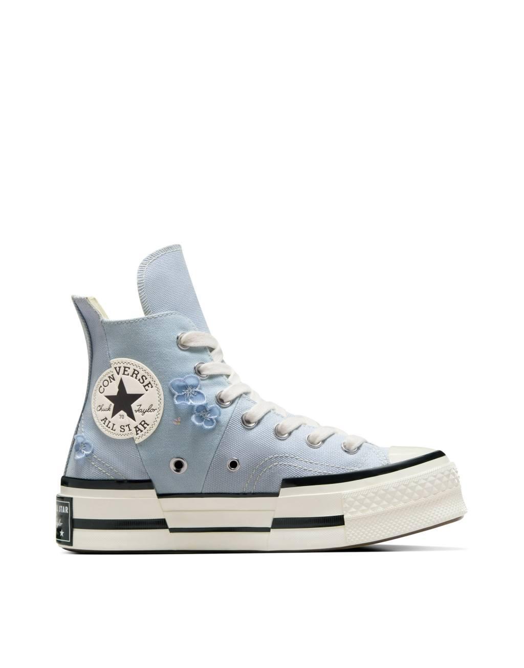 Converse Chuck 70 Hi platform sneakers with flower embroidery in blue Product Image