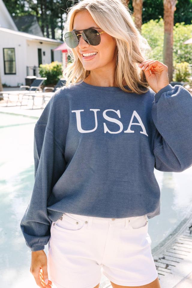 USA Navy Blue Corded Graphic Sweatshirt Female Product Image