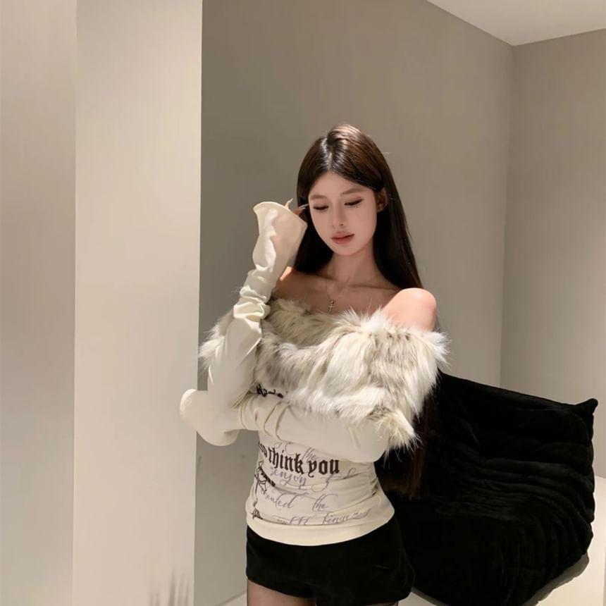 Long-Sleeve Off Shoulder Faux Fur Lettering Top Product Image