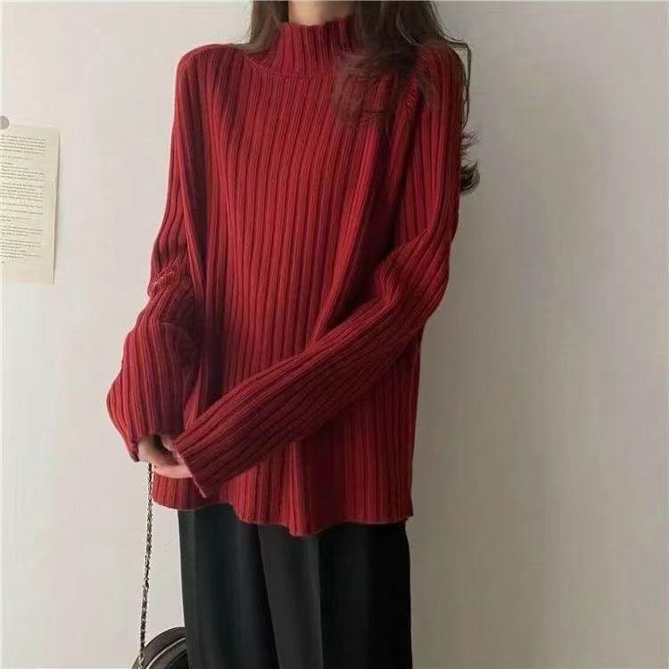 Turtleneck Plain Ribbed Sweater Product Image